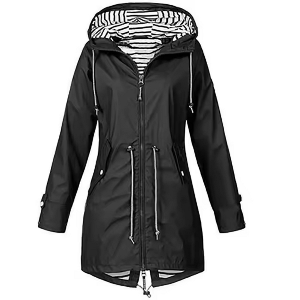 Women's waterproof hooded rain jacket with adjustable waist, sleek long silhouette for all-weather style
