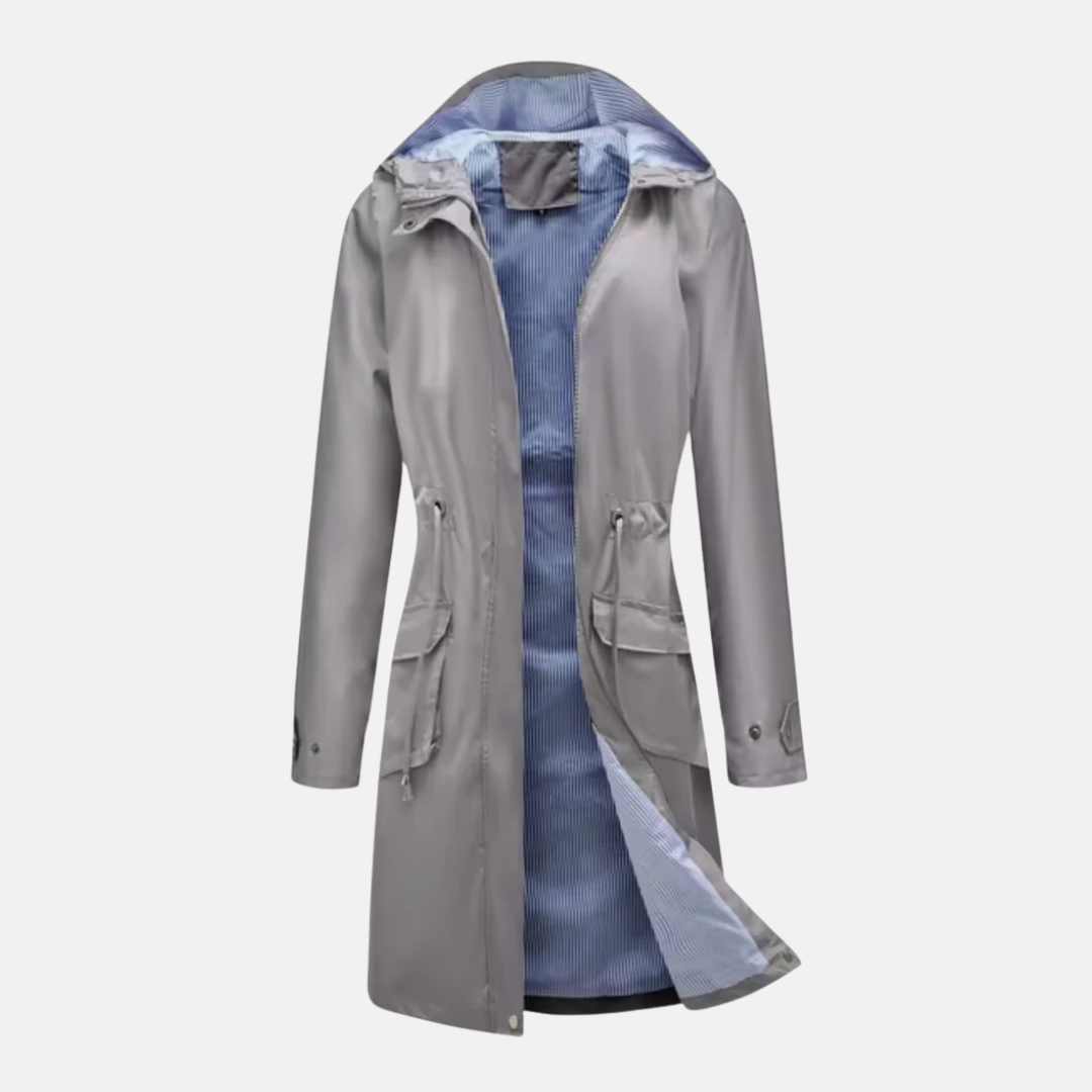 Women's long hooded rain jacket water-resistant zip front with adjustable waist and flap pockets