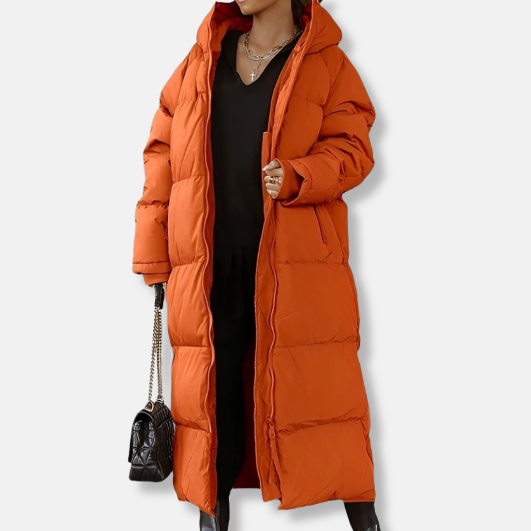 Women's oversized quilted padded long coat with hood, full-zip closure, winter essential