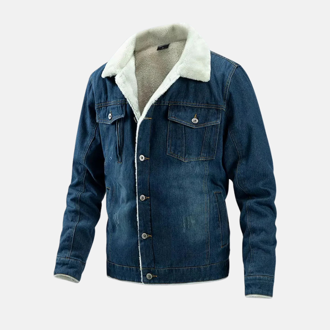 Men's hip-length denim jacket with cozy faux shearling lining, regular fit, front button closure