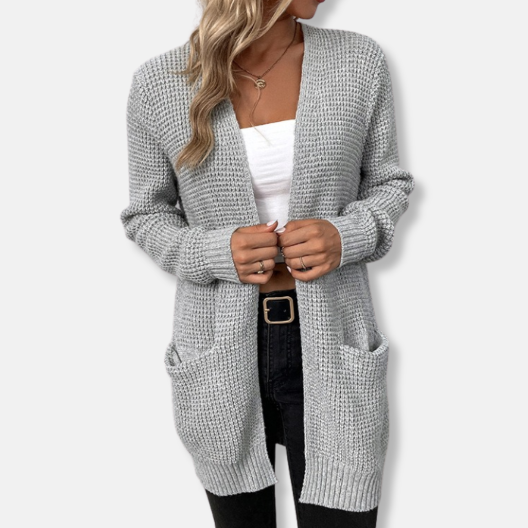 Women's relaxed fit open front waffle knit cardigan with patch pockets, cozy everyday essential