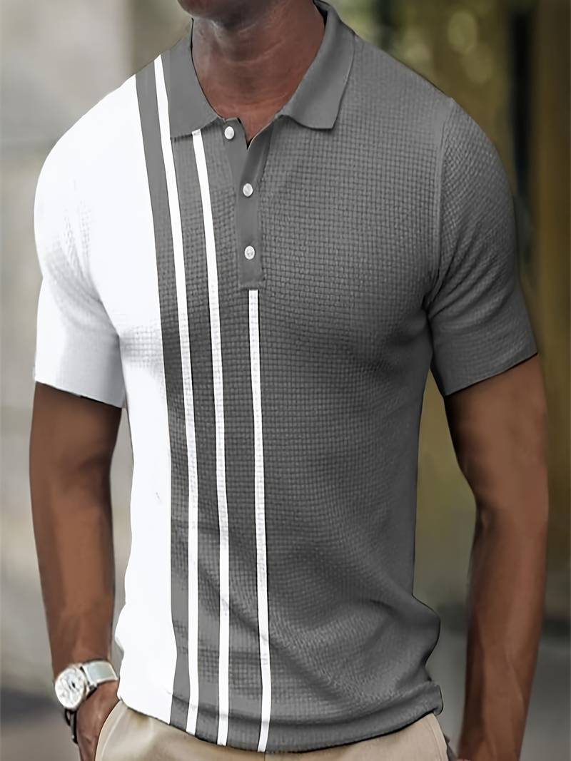 Men's black white striped polo shirt classic collar short sleeves breathable lightweight cotton blend