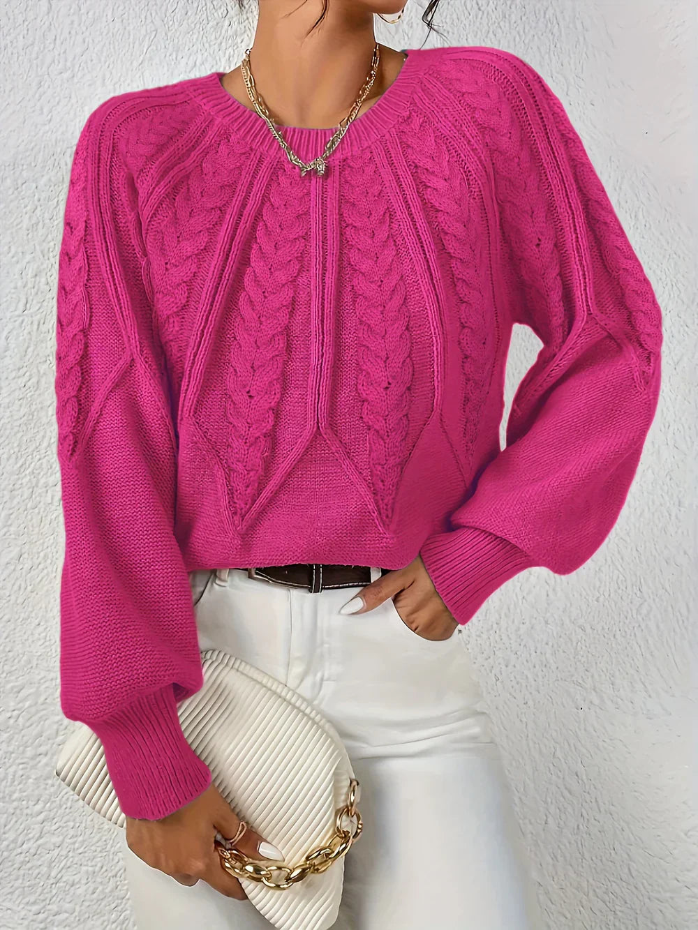 Willow™ relaxed cable-knit sweater in neutral tone with intricate texture and flattering modern fit