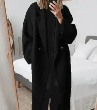 Violet oversized button-down coat women elegant drapey silhouette effortless layering outerwear