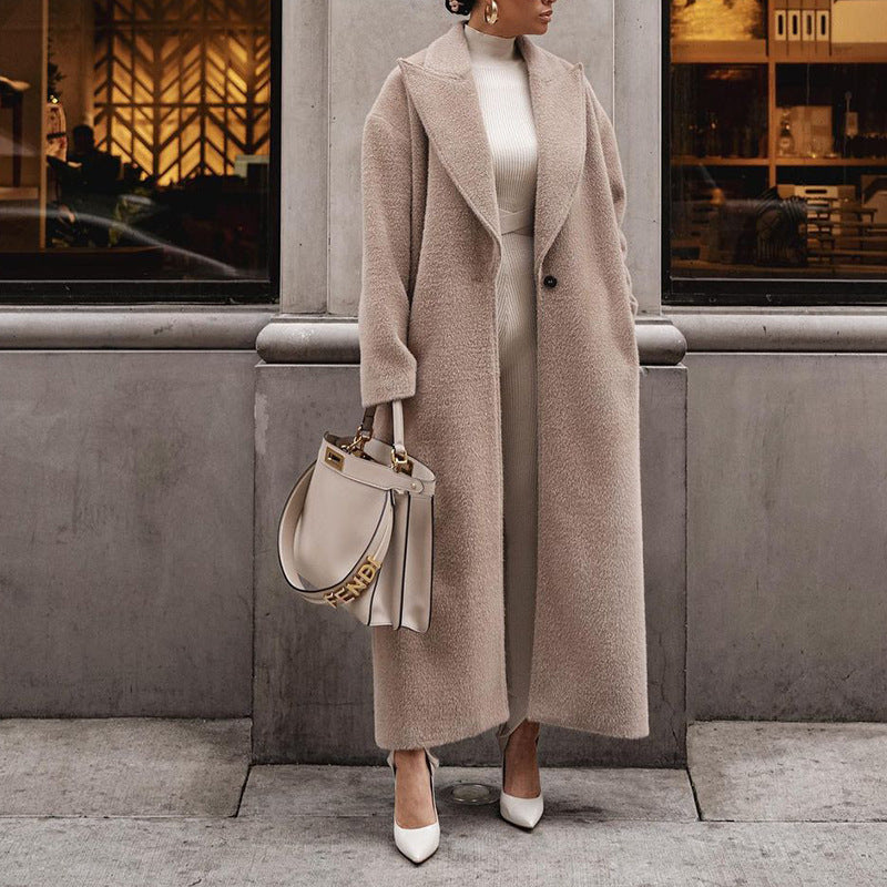 Unisex long plush coat winter elegant longline silhouette soft velvety viscose outerwear