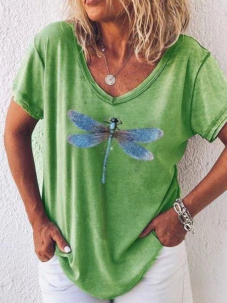 Washed-pink women's casual V-neck tee with delicate blue dragonfly chest graphic, short sleeve