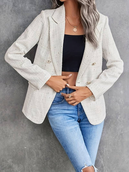 Women's tailored tweed blazer jacket, double-breasted notched lapel, structured fit for modern professionals