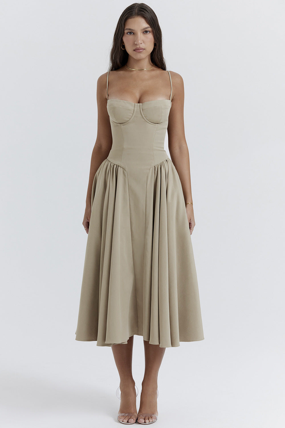 Ivory pleated midi dress with structured bodice, slim spaghetti straps, and defined seam cups