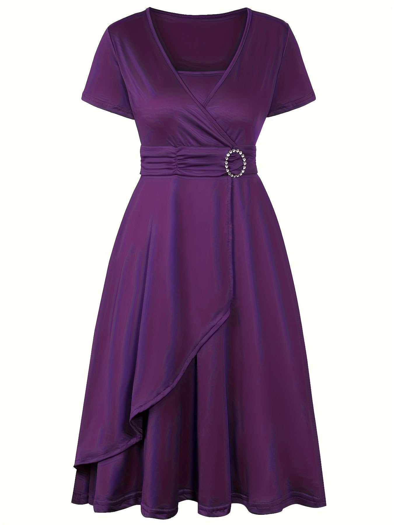 Women's deep navy wrap dress with V-neck, short sleeves, and elegant waist-cinching detail