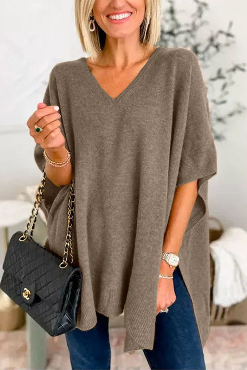 Women's soft knit poncho top loose fit V-neck draped design acrylic wool blend layering piece