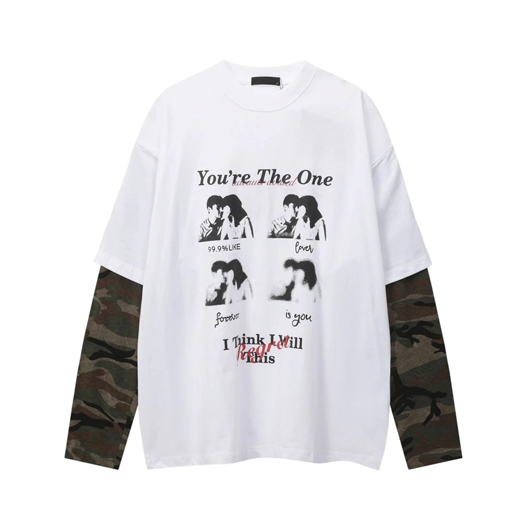 White Script Study cotton t-shirt with double-layer camo sleeve detail and vintage graphic print