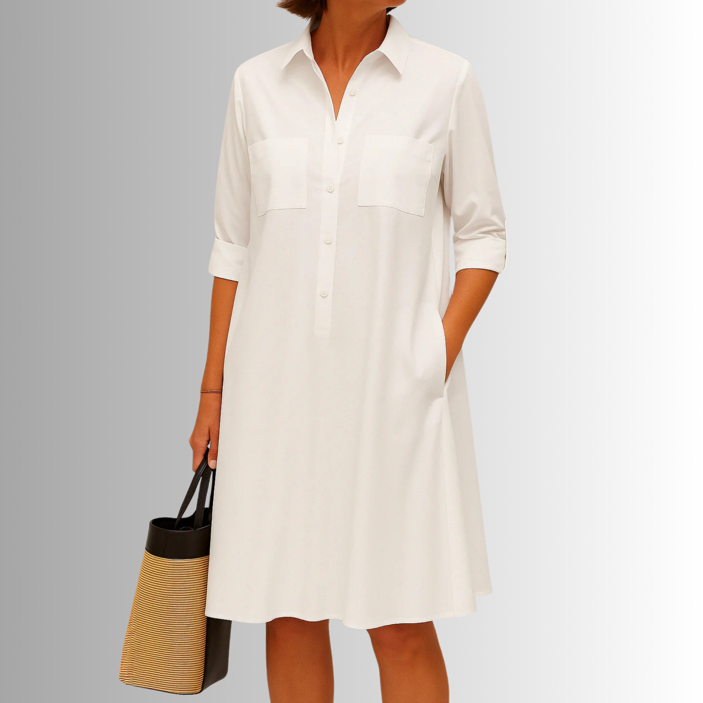 Lightweight A-line button-front dress in soft neutral tones, breezy summer silhouette with elegant drape