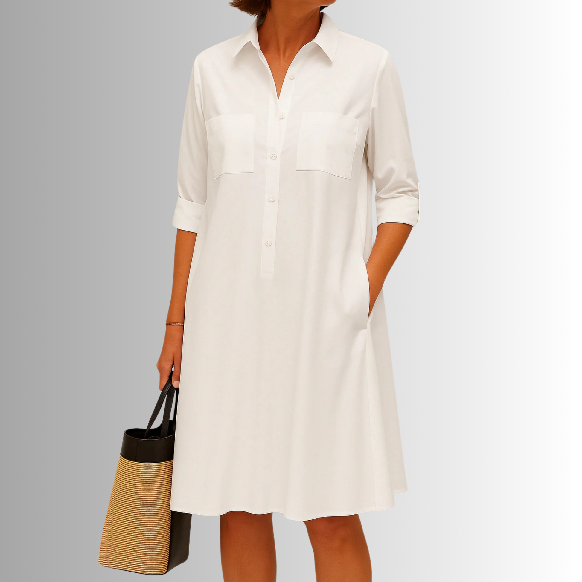 Lightweight A-line button-front dress in soft neutral tones, breezy summer silhouette with elegant drape