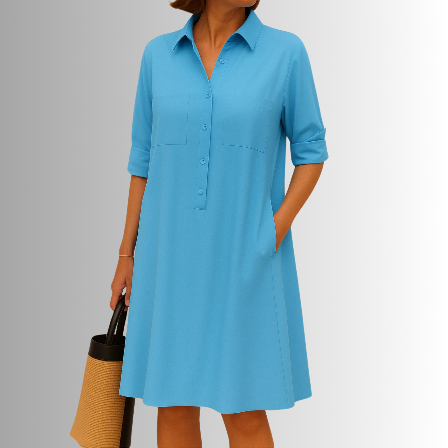 Lightweight A-line button-front dress in soft neutral tones, breezy summer silhouette with elegant drape