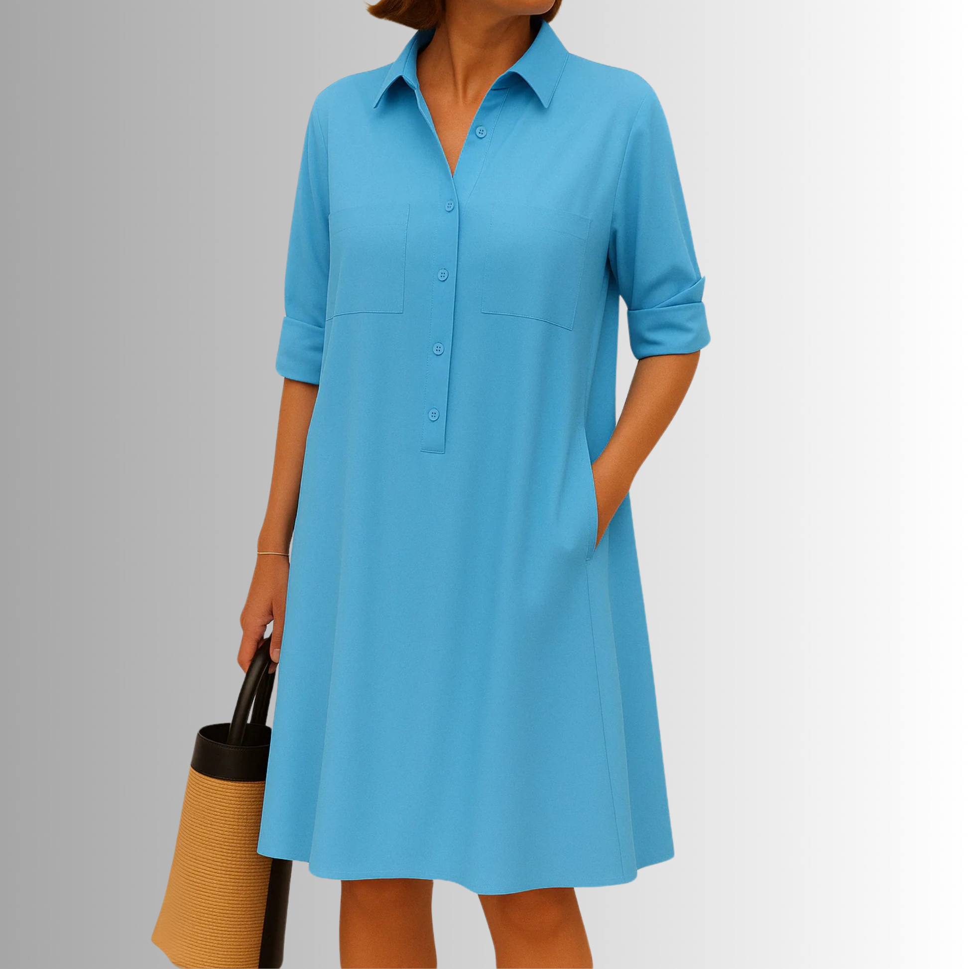 Lightweight A-line button-front dress in soft neutral tones, breezy summer silhouette with elegant drape