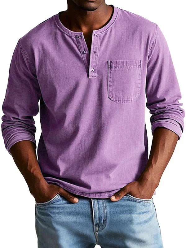 Men's classic indigo Henley shirt long sleeve with 3-button placket for relaxed everyday style