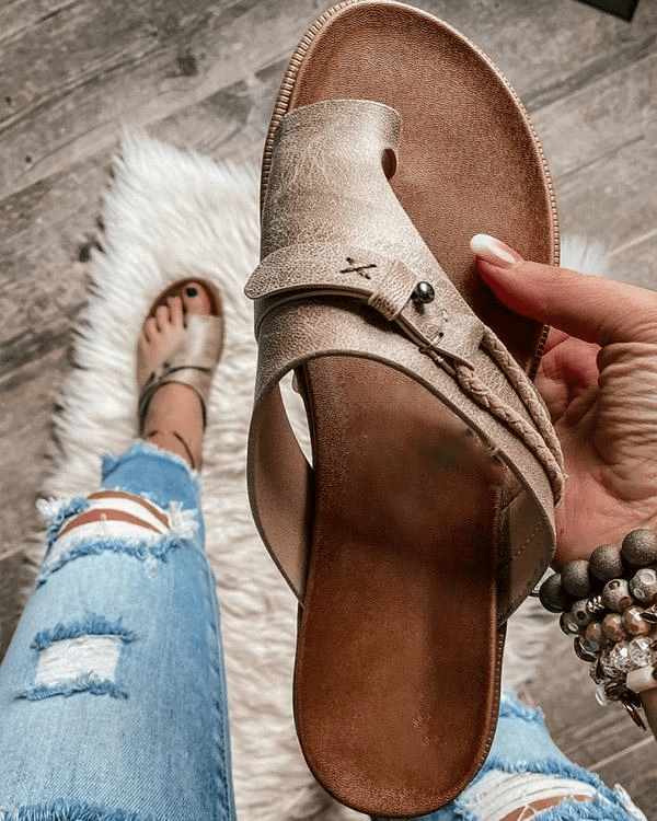 Women's flat toe ring boho slides in distressed taupe with cognac footbed, slip-on summer sandals