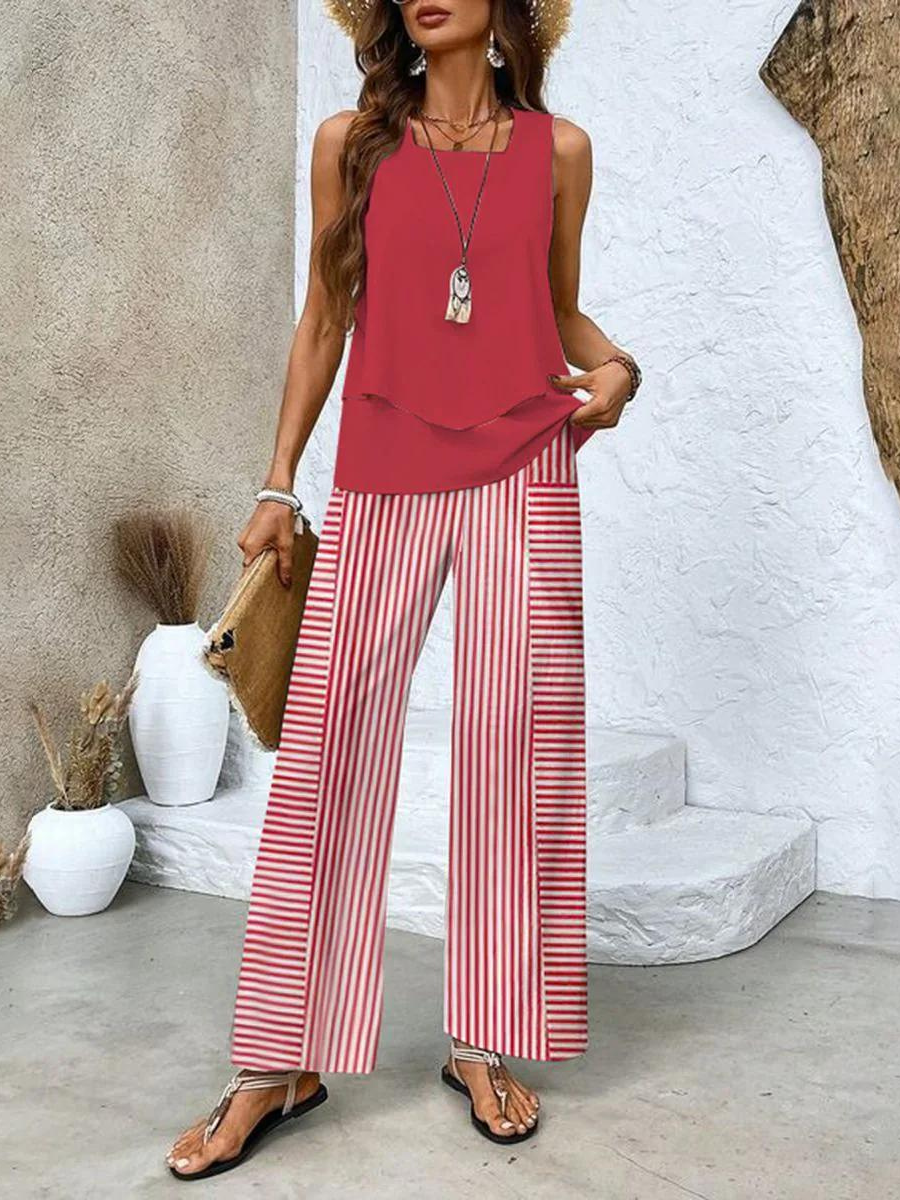 Chic two-piece linen set sleeveless blouse wide-leg pants elastic waist breathable summer ensemble