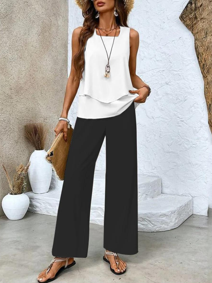 Chic two-piece linen set sleeveless blouse wide-leg pants elastic waistband breezy summer style