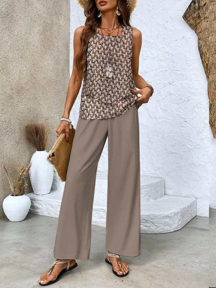 Chic two-piece linen set sleeveless blouse wide-leg pants breathable elastic waist casual elegant