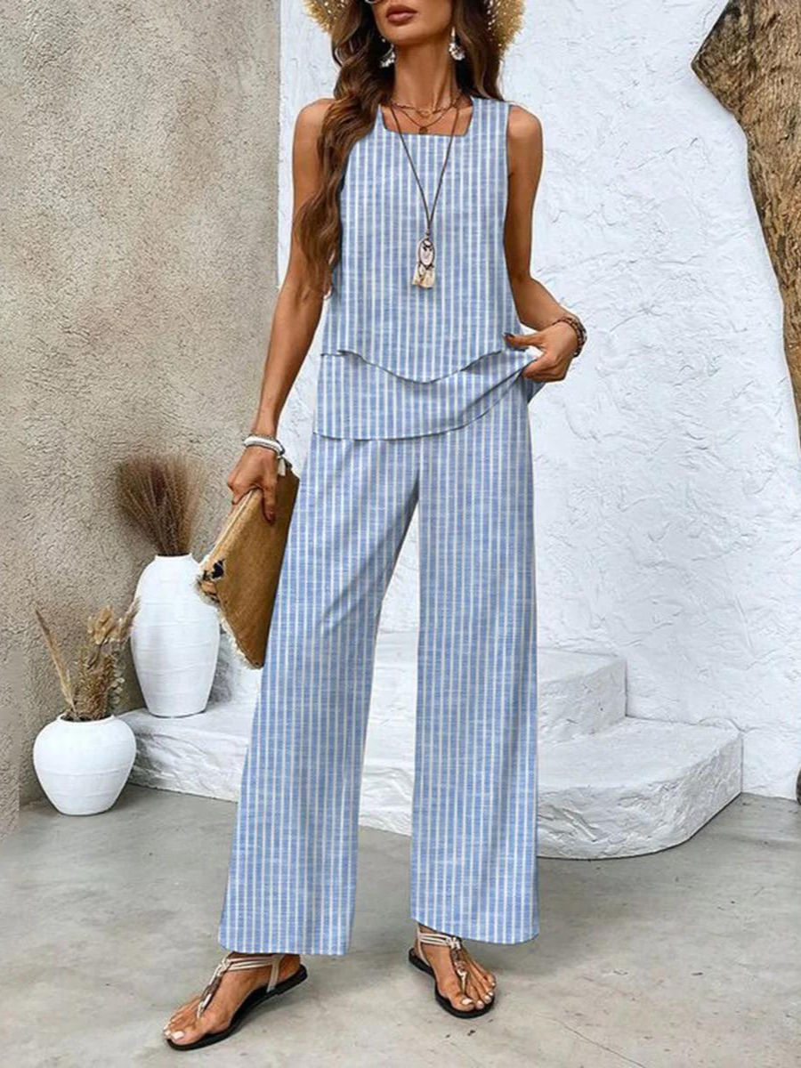 Chic two-piece linen set sleeveless blouse wide-leg pants elastic waistband breezy summer style
