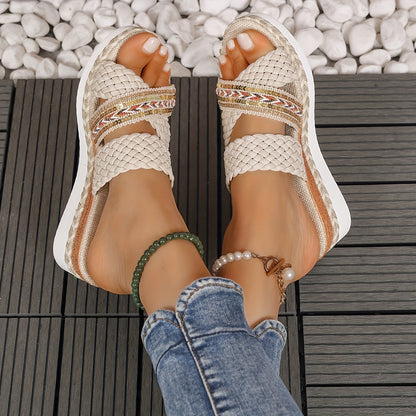 Women's woven slip-on sandals in natural tan with artisanal rope texture and cushioned sole