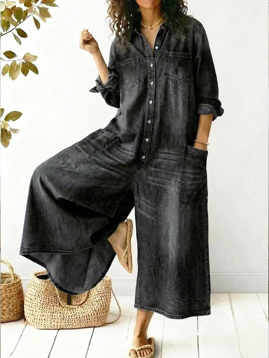 Women's medium-wash denim jumpsuit long sleeve button-front wide leg cropped relaxed fit