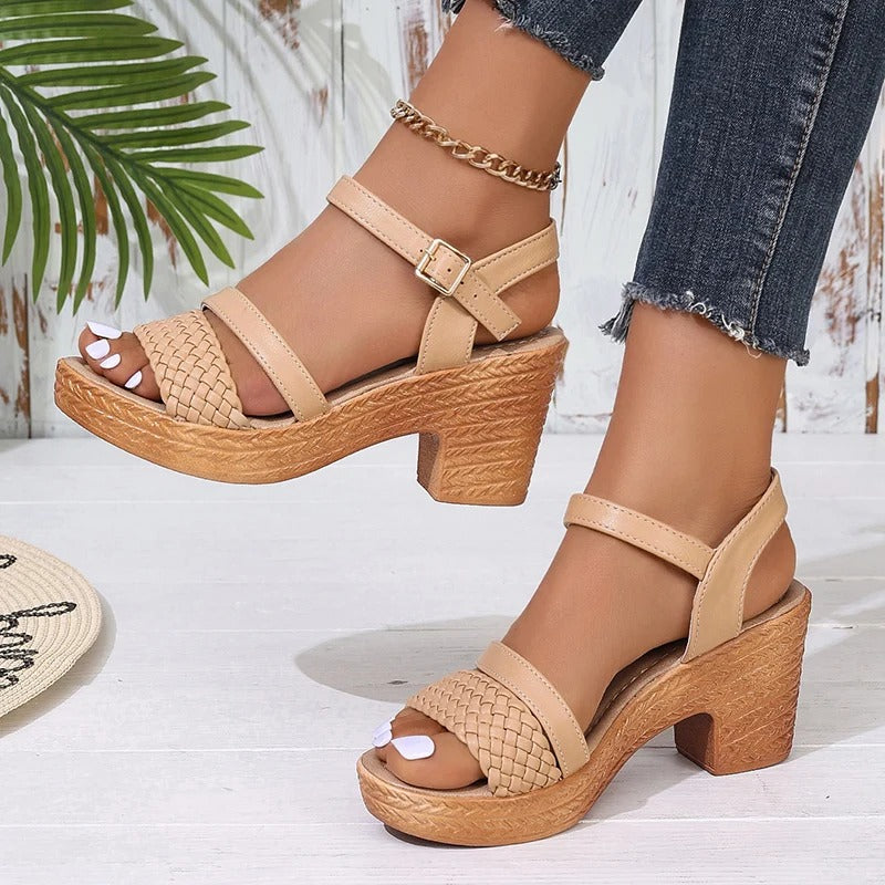 Lucia elegant heeled sandals with woven straps, block heel, open-toe design, and secure buckle