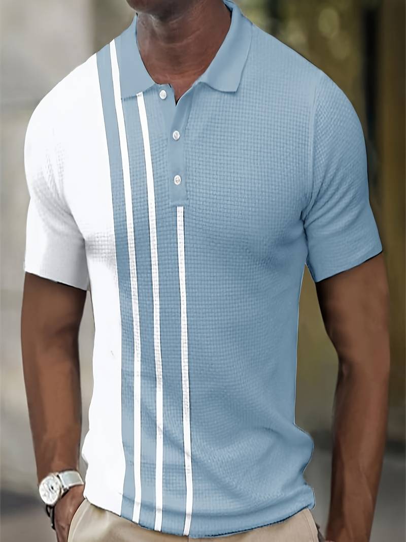 Men's black and white striped polo shirt classic collar short sleeves breathable lightweight cotton blend