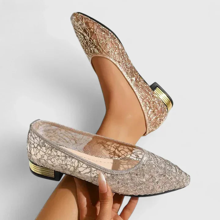 Women's silver lace pointed toe flats with low block heel, elegant overlay detail