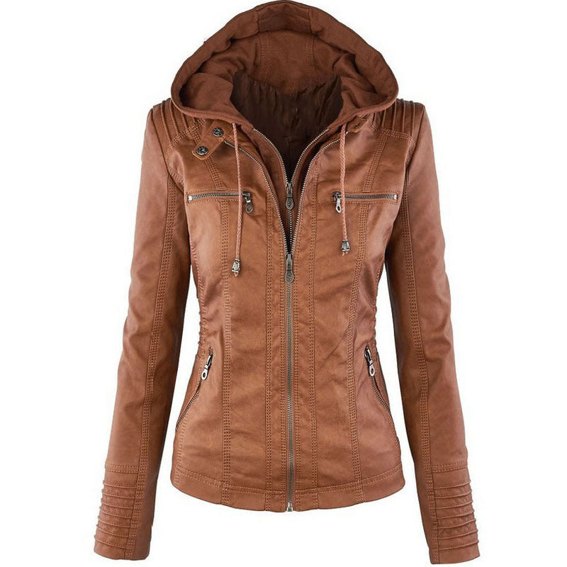 Women's black faux leather jacket removable hood modern fit zip pockets casual dressy
