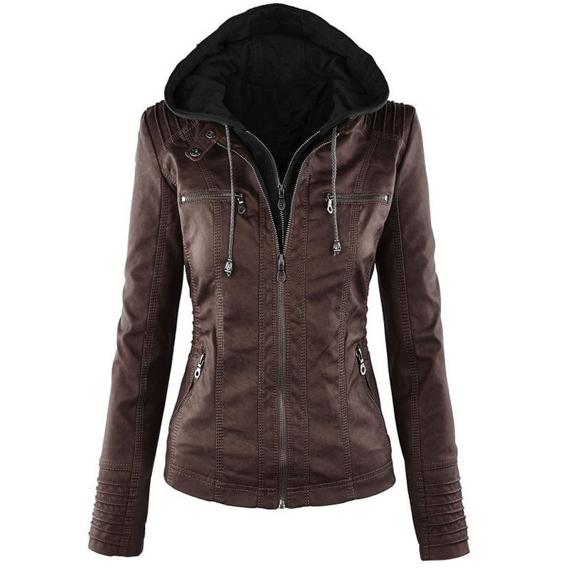 Women's black faux leather jacket removable hood modern fit practical pockets casual dressy