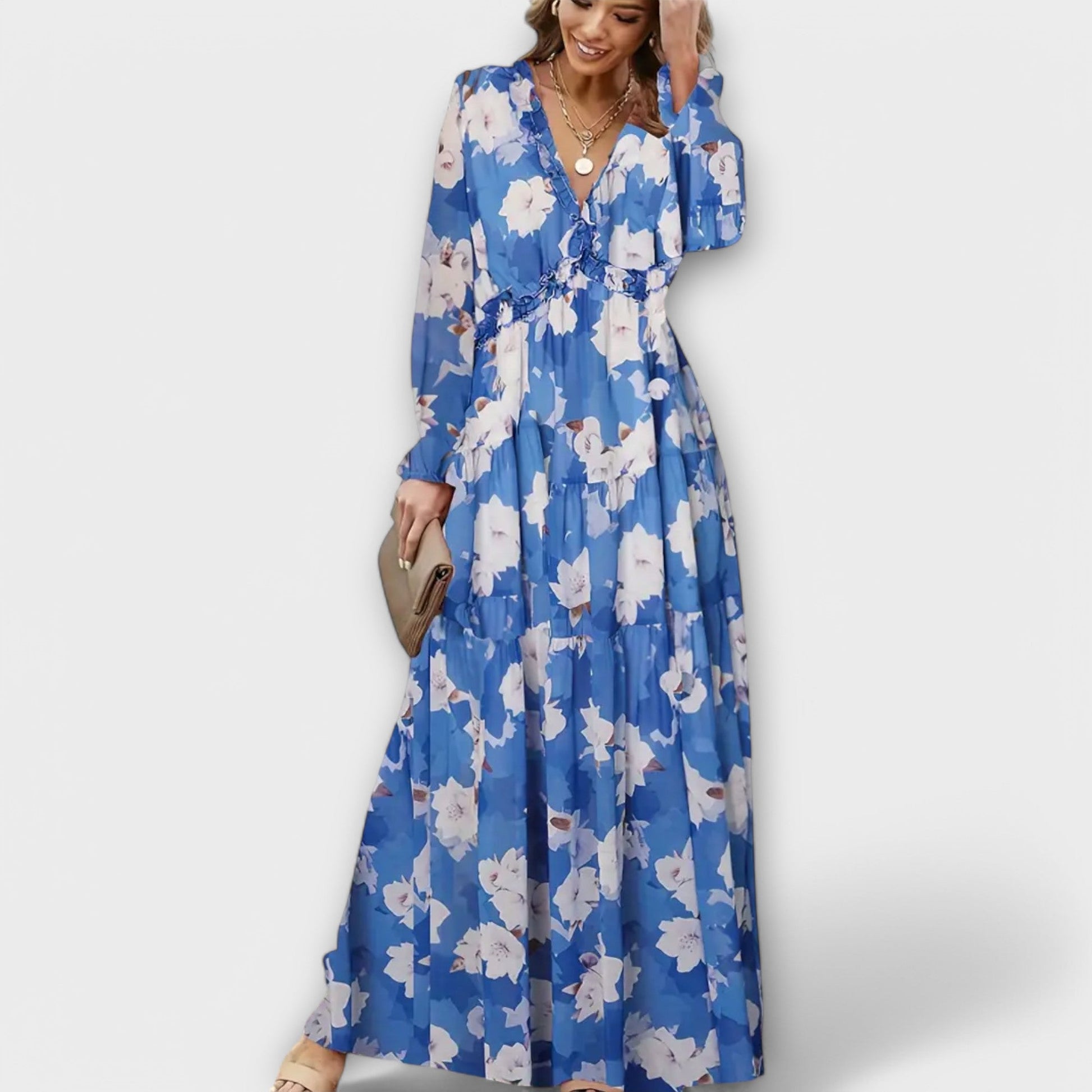 Floral V-neck maxi dress in romantic print, flowing silhouette with flattering fit for garden parties