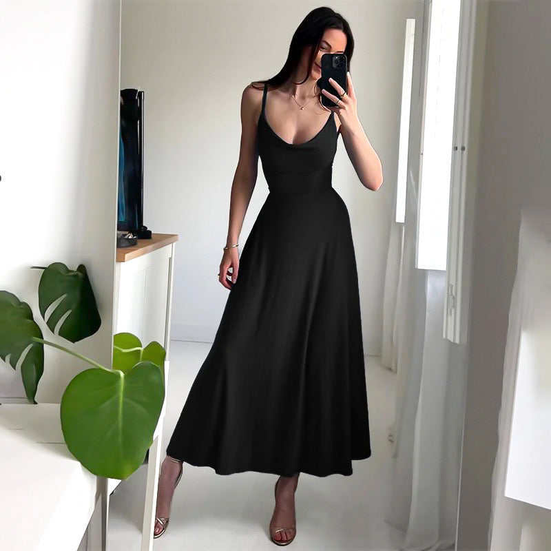 Women's sleeveless midi dress slim waist A-line flowy skirt scoop neckline soft stretch fabric