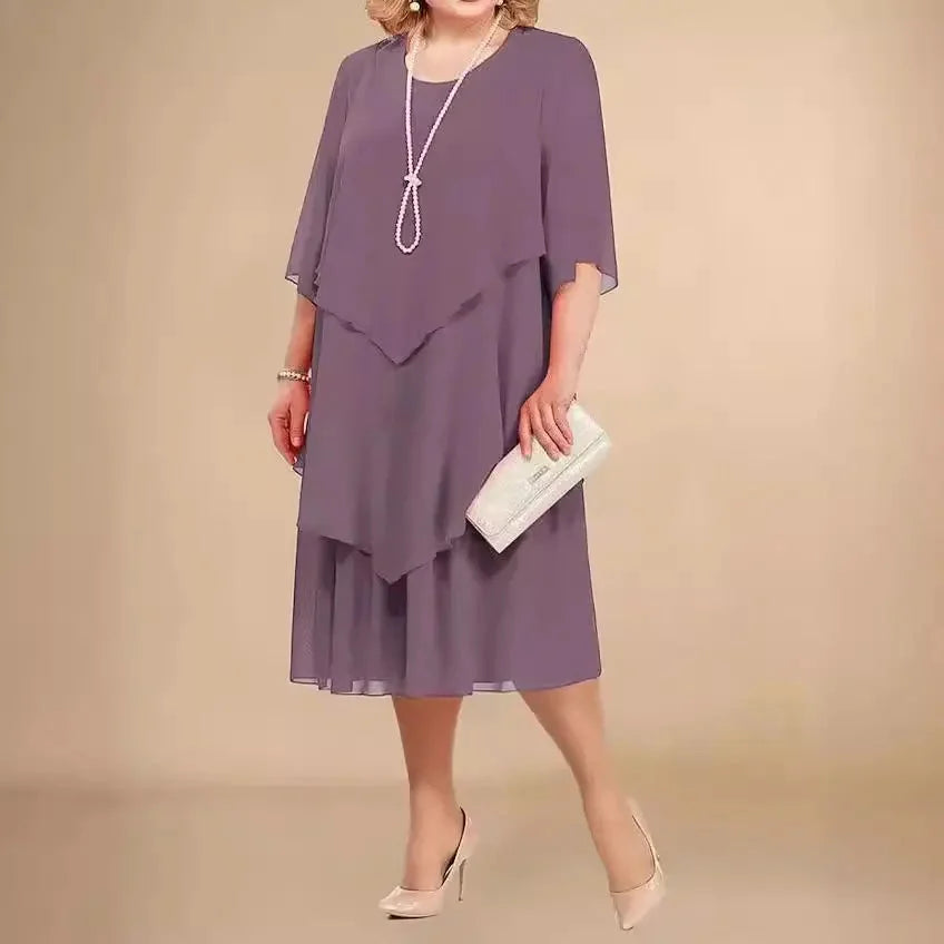 Elegant chiffon layered dress with flowing silhouette, flattering cut for weddings and special occasions