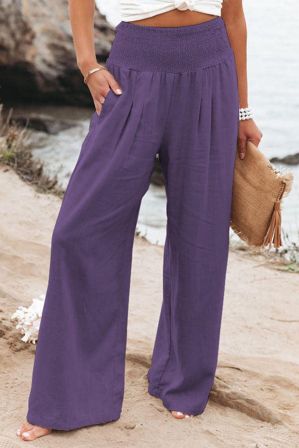 Women's wide leg vacation trousers in a breezy flowing silhouette with comfortable high-waist elastic waistband