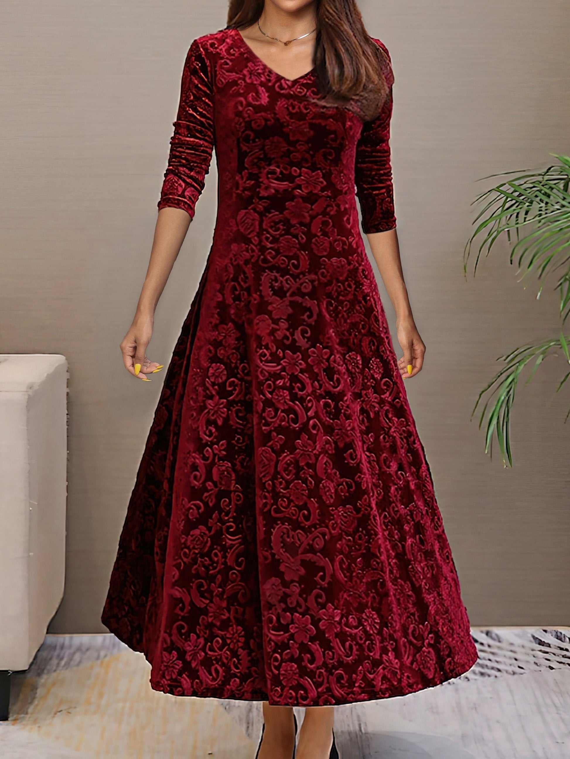 Women's velvet A-line evening dress, V-neck, 3/4 sleeves, floral pattern, rich matte sheen