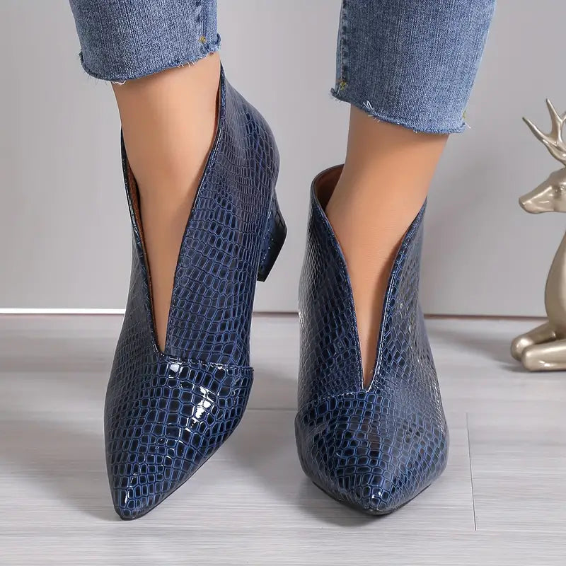 Women's textured ankle boots curved cut mid block heel sleek silhouette leg-lengthening design