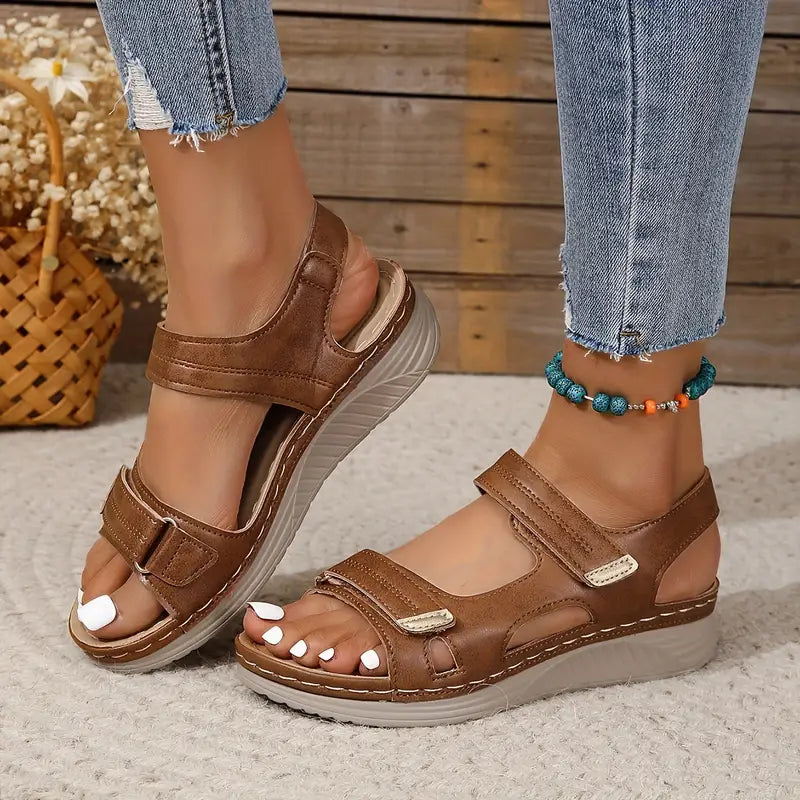 Women's beige comfort adjustable sandals with cushioned sole and ergonomic comfort support
