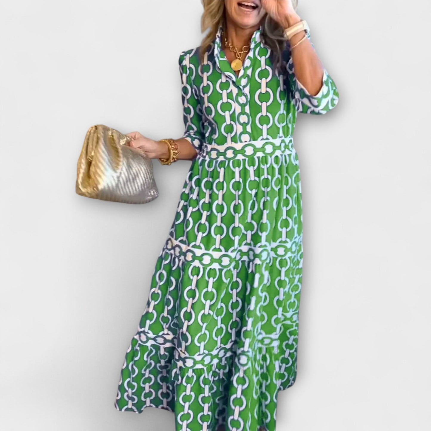 Midi dress with chain pattern, tiered skirt, three-quarter sleeves, smoothing waistline for elegant coverage