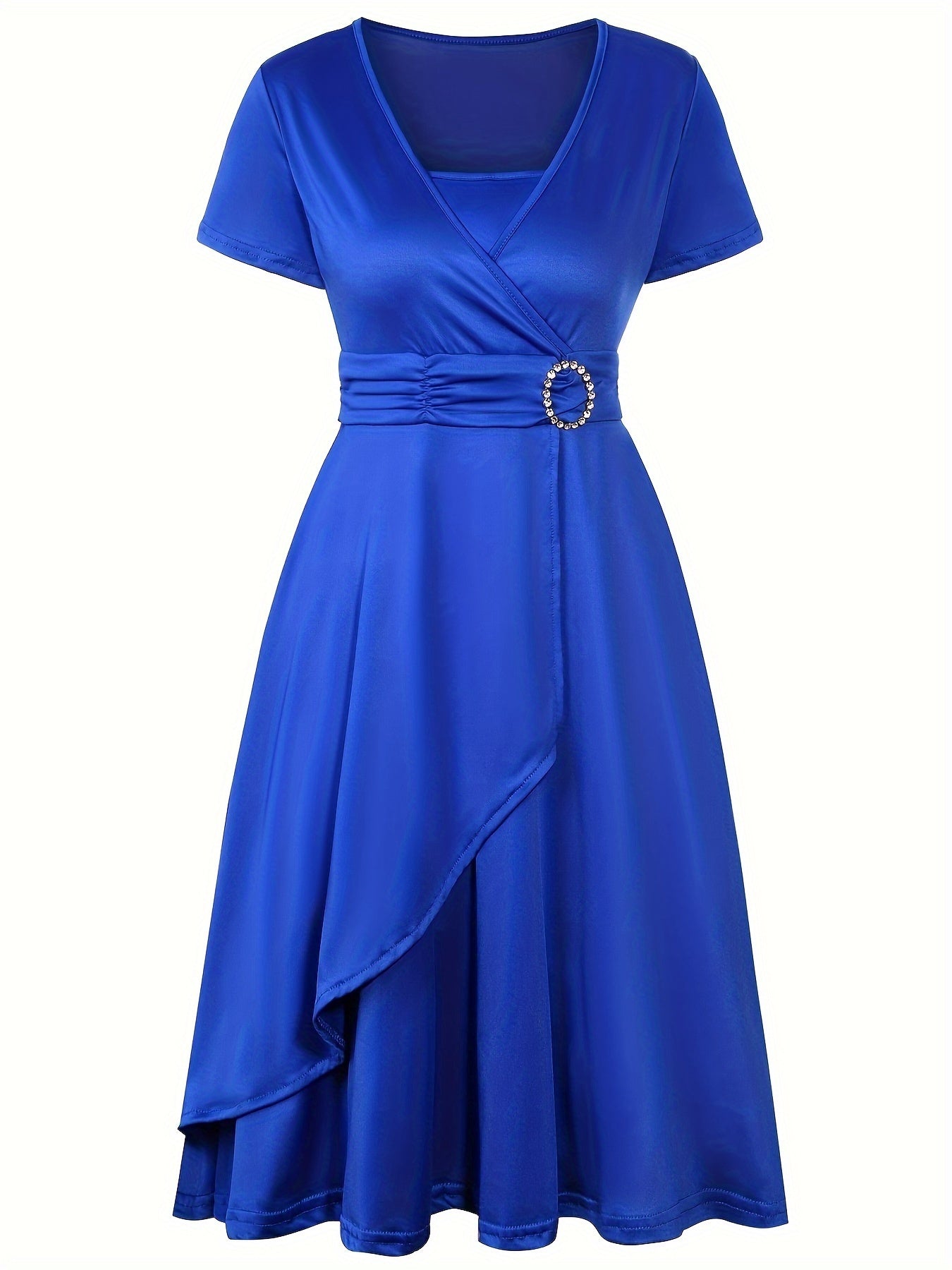 Women's deep navy wrap dress with V-neck, short sleeves, and elegant waist-defining silhouette