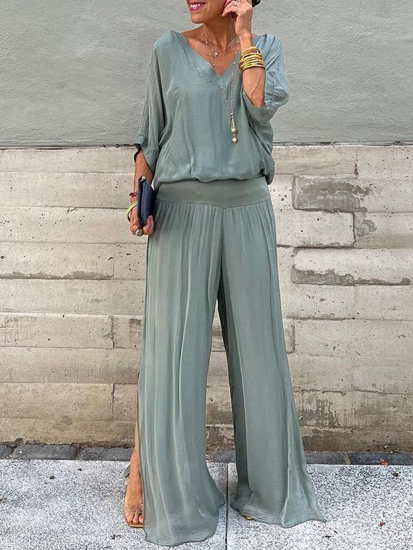 Olive green women's 2-piece batwing sleeve V-neck jumpsuit with wide-leg pleated pants