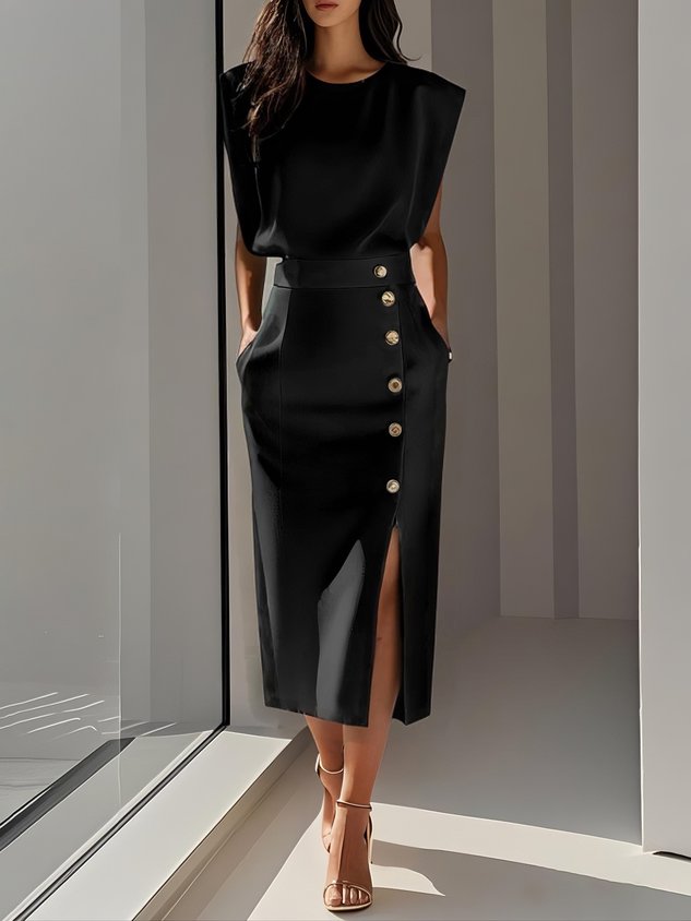 Elegant midi dress with round neckline, button slit detail, flattering feminine silhouette in timeless style