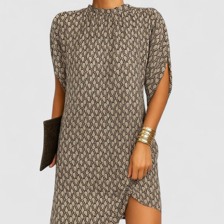 Blush pink mock neck batwing midi dress with open split sleeves and relaxed silhouette