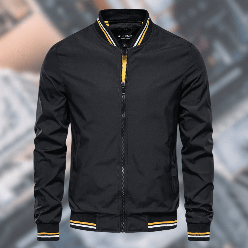 Men's water-resistant bomber jacket with stand collar, ribbed cuffs, zip-up closure, classic style