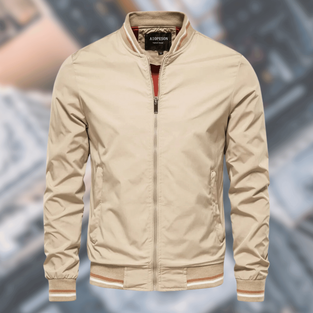 Men's water-resistant bomber jacket with stand collar, ribbed cuffs, and zip-up closure by Wavlynn