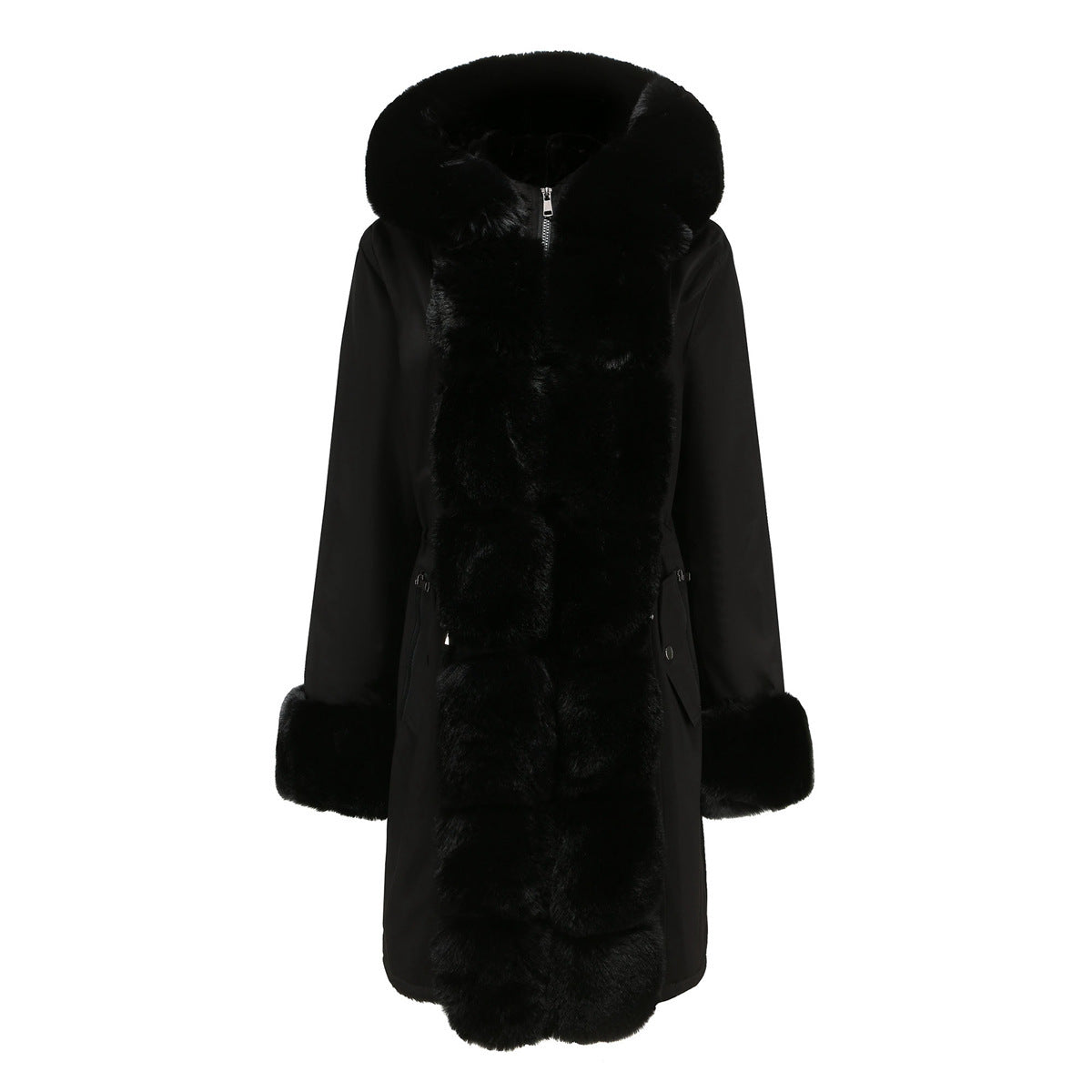 Women's mid-length black quilted parka with detachable faux fur collar, elegant winter coat