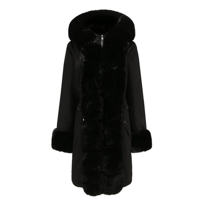 Women's mid-length black quilted parka with detachable faux fur collar, elegant winter coat