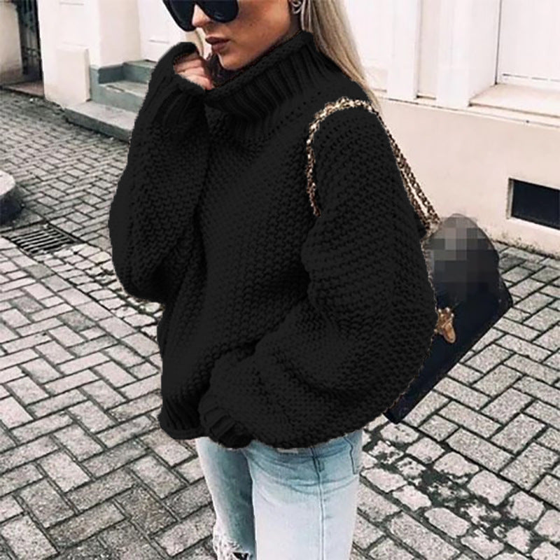 Women's chunky knit turtleneck sweater oversized relaxed fit with thick textured stitches warm cozy