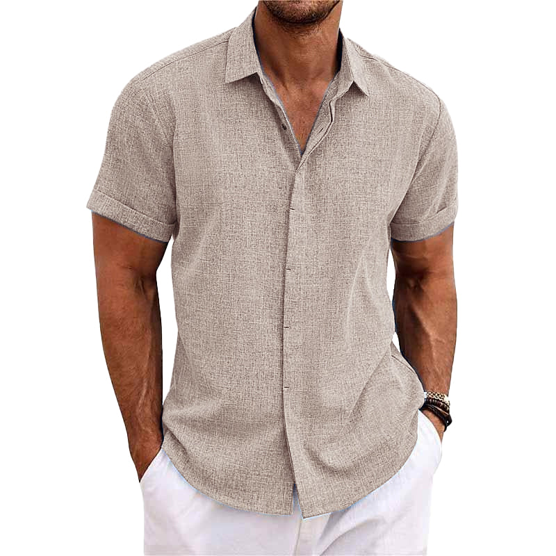 Men's short sleeve linen cotton blend shirt regular fit breathable lightweight casual button closure